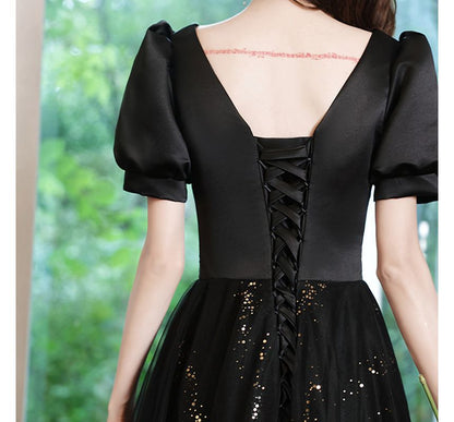 Short-Sleeve Sequin Mesh Panel A-Line Evening Gown