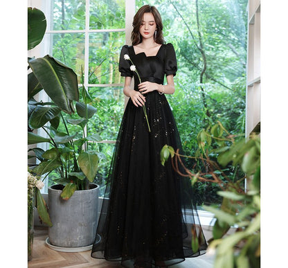 Short-Sleeve Sequin Mesh Panel A-Line Evening Gown