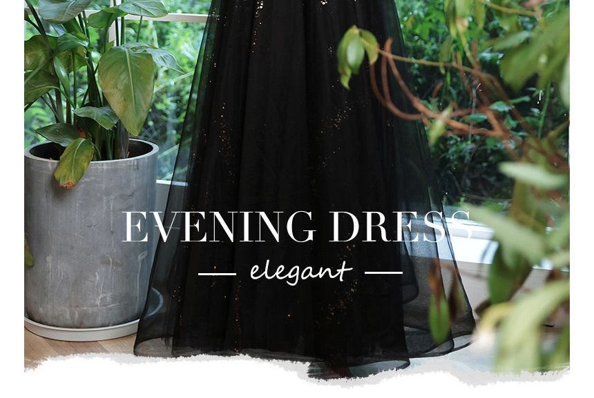 Short-Sleeve Sequin Mesh Panel A-Line Evening Gown