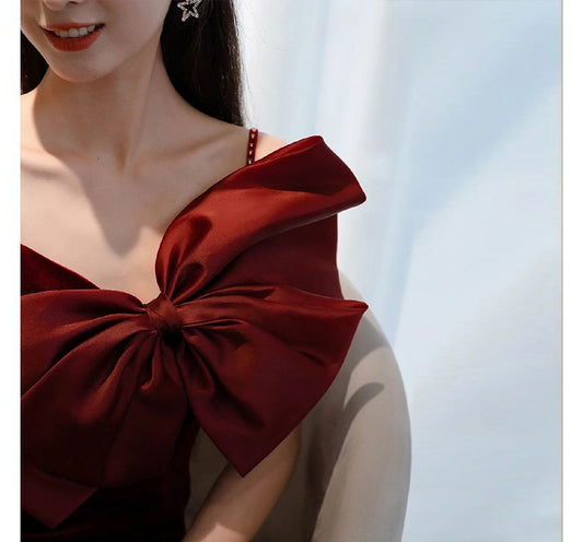 Spaghetti Strap Plain Bow Slit A-Line Evening Gown