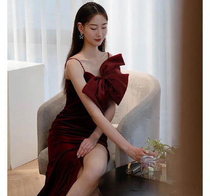 Spaghetti Strap Plain Bow Slit A-Line Evening Gown