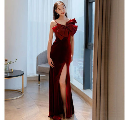 Spaghetti Strap Plain Bow Slit A-Line Evening Gown