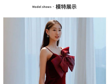 Spaghetti Strap Plain Bow Slit A-Line Evening Gown