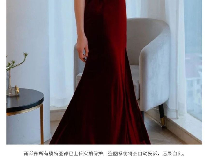 Spaghetti Strap Plain Bow Slit A-Line Evening Gown