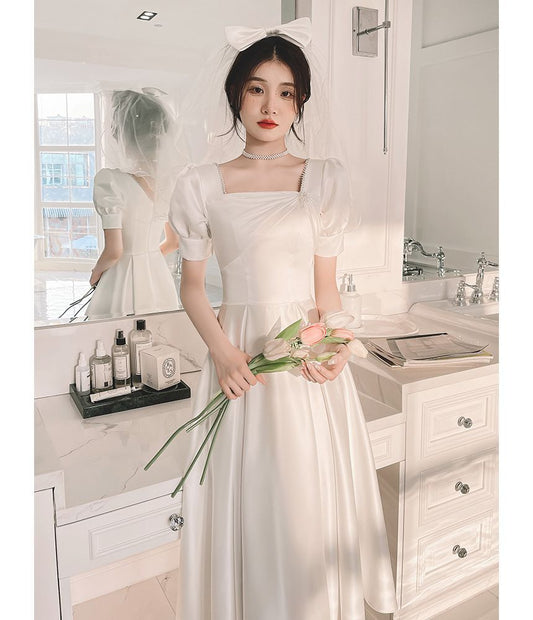 Long-Sleeve Square Neck Plain Beaded Midi A-Line Wedding Dress