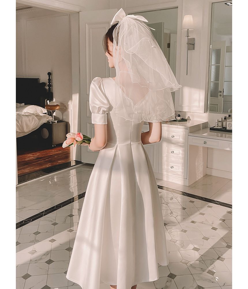 Long-Sleeve Square Neck Plain Beaded Midi A-Line Wedding Dress