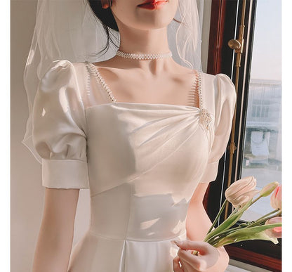 Long-Sleeve Square Neck Plain Beaded Midi A-Line Wedding Dress