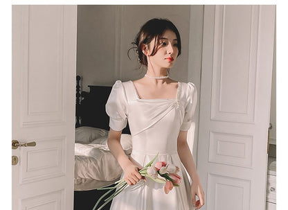 Long-Sleeve Square Neck Plain Beaded Midi A-Line Wedding Dress