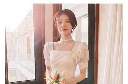 Long-Sleeve Square Neck Plain Beaded Midi A-Line Wedding Dress