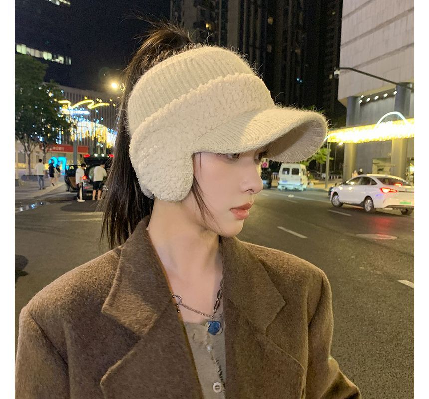 Lettering Faux Shearling Panel Knit Visor Hat