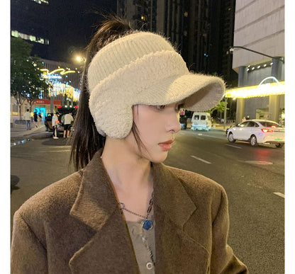 Lettering Faux Shearling Panel Knit Visor Hat