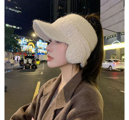 Lettering Faux Shearling Panel Knit Visor Hat