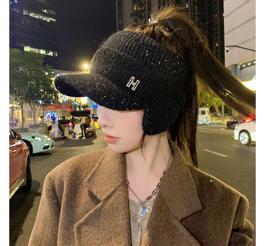 Lettering Faux Shearling Panel Knit Visor Hat