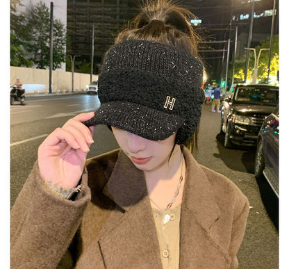 Lettering Faux Shearling Panel Knit Visor Hat