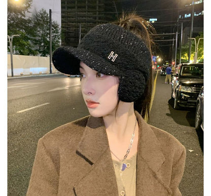 Lettering Faux Shearling Panel Knit Visor Hat
