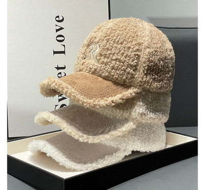 Letter Embroidered Faux Shearling Cap