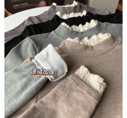 Fleece-Lined Mock-Neck Lace-Trim Long-Sleeve Top