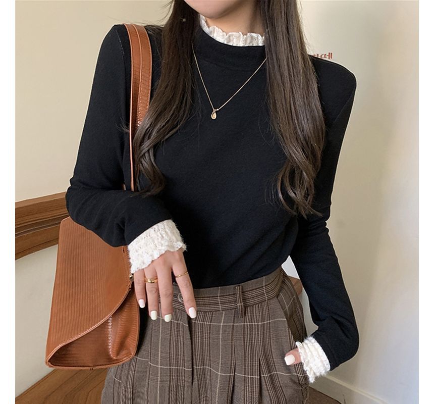 Fleece-Lined Mock-Neck Lace-Trim Long-Sleeve Top