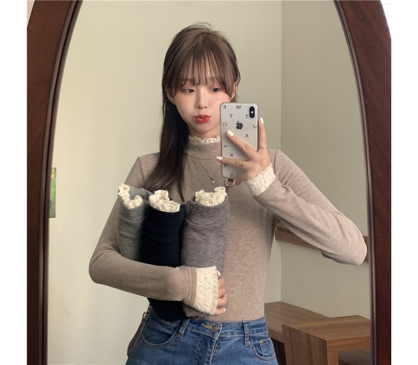 Fleece-Lined Mock-Neck Lace-Trim Long-Sleeve Top