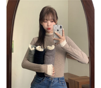 Fleece-Lined Mock-Neck Lace-Trim Long-Sleeve Top