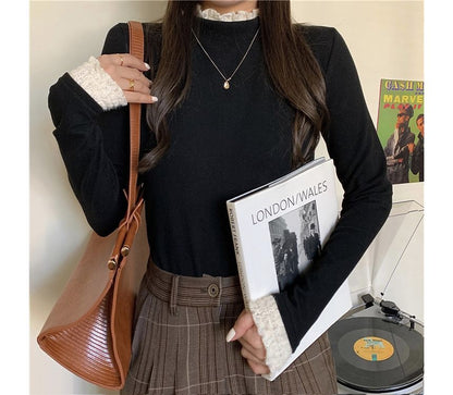 Fleece-Lined Mock-Neck Lace-Trim Long-Sleeve Top