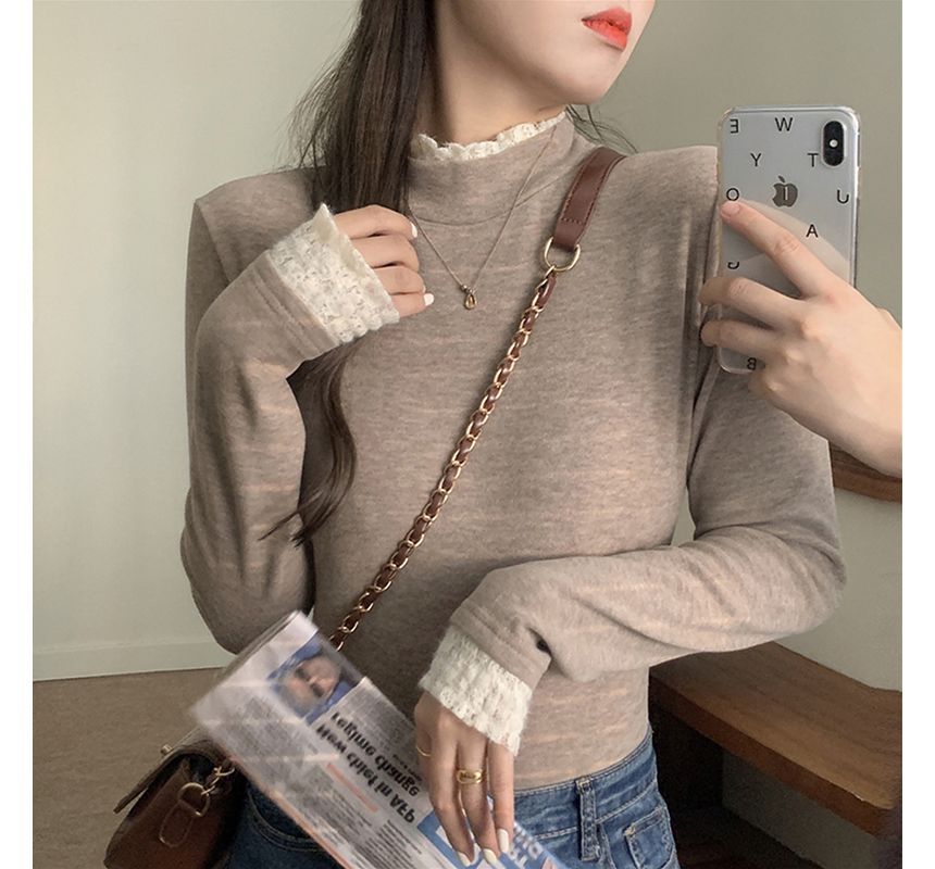 Fleece-Lined Mock-Neck Lace-Trim Long-Sleeve Top