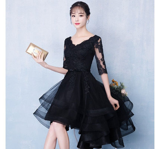 Elbow Sleeve V-Neck Plain High-Low Lace Panel Mesh Midi A-Line Cocktail Dress