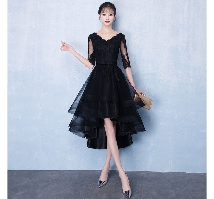 Elbow Sleeve V-Neck Plain High-Low Lace Panel Mesh Midi A-Line Cocktail Dress