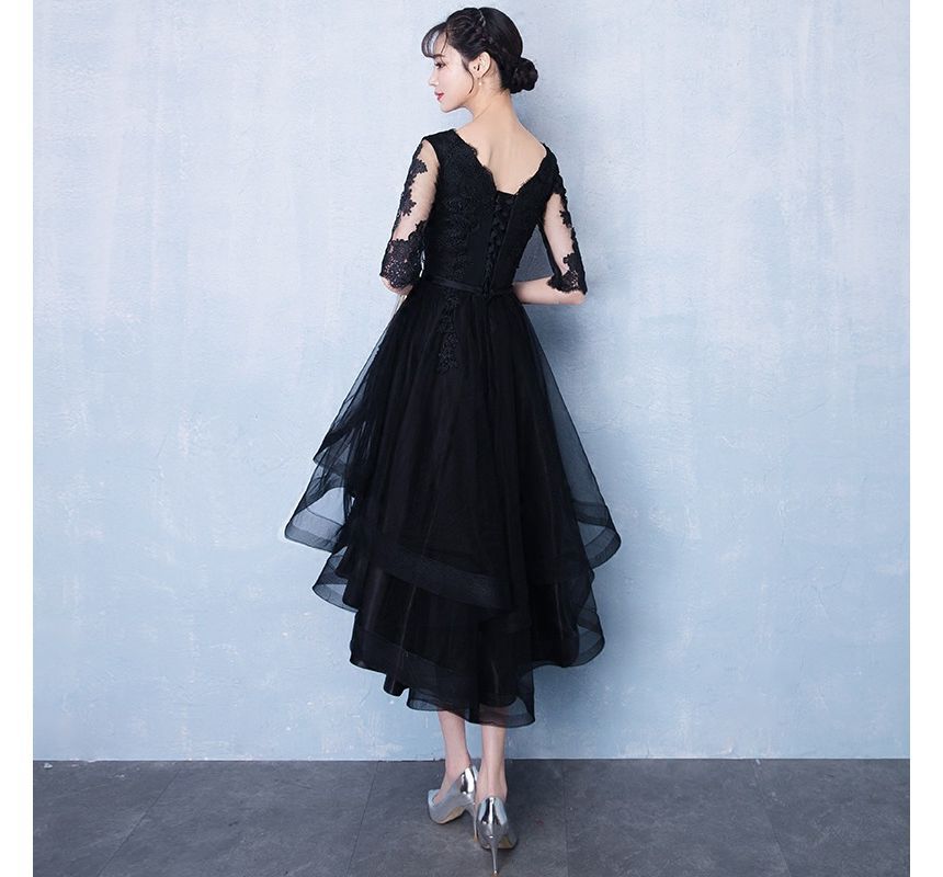 Elbow Sleeve V-Neck Plain High-Low Lace Panel Mesh Midi A-Line Cocktail Dress