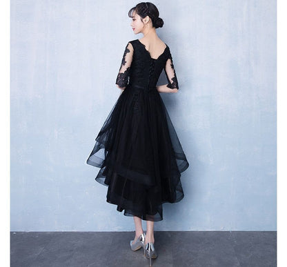 Elbow Sleeve V-Neck Plain High-Low Lace Panel Mesh Midi A-Line Cocktail Dress