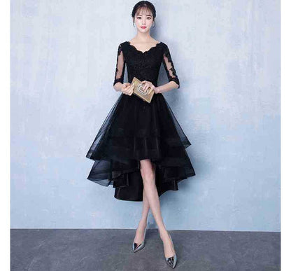 Elbow Sleeve V-Neck Plain High-Low Lace Panel Mesh Midi A-Line Cocktail Dress