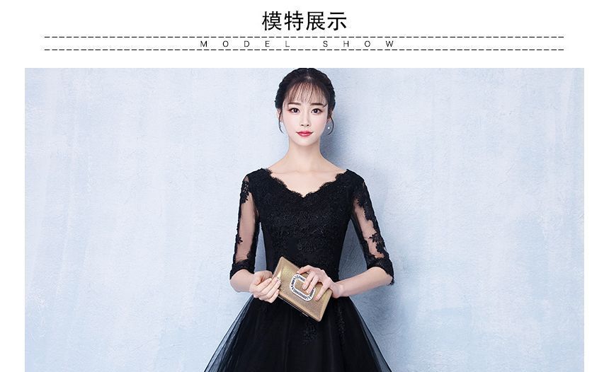 Elbow Sleeve V-Neck Plain High-Low Lace Panel Mesh Midi A-Line Cocktail Dress