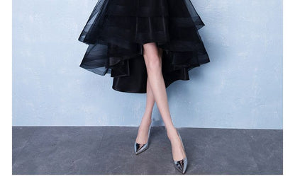 Elbow Sleeve V-Neck Plain High-Low Lace Panel Mesh Midi A-Line Cocktail Dress