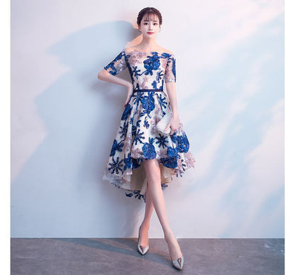 Short-Sleeve Off Shoulder Flower Patterned High-Low Mesh Midi A-Line Cocktail Dress