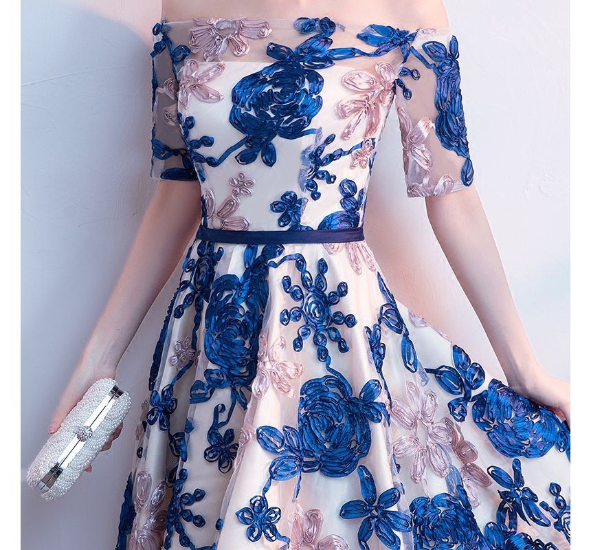 Short-Sleeve Off Shoulder Flower Patterned High-Low Mesh Midi A-Line Cocktail Dress