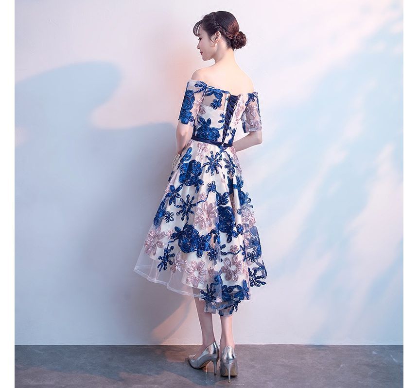 Short-Sleeve Off Shoulder Flower Patterned High-Low Mesh Midi A-Line Cocktail Dress