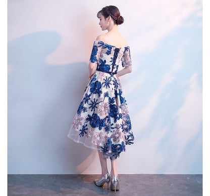 Short-Sleeve Off Shoulder Flower Patterned High-Low Mesh Midi A-Line Cocktail Dress