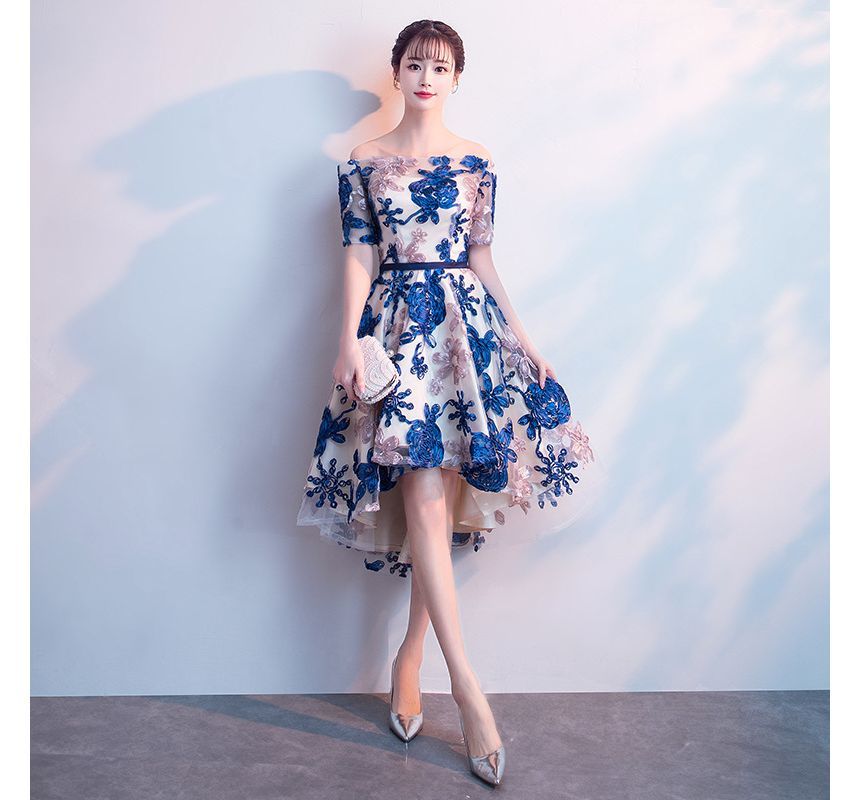 Short-Sleeve Off Shoulder Flower Patterned High-Low Mesh Midi A-Line Cocktail Dress