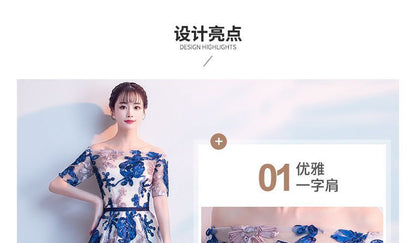 Short-Sleeve Off Shoulder Flower Patterned High-Low Mesh Midi A-Line Cocktail Dress