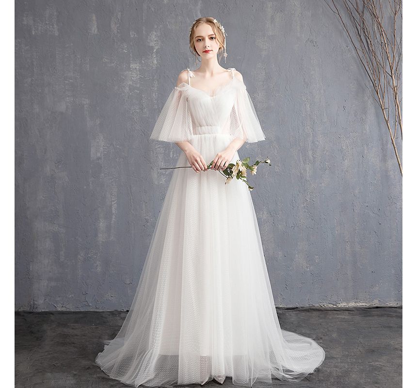 Elbow-Sleeve Cold Shoulder Plain Ruffle Mesh A-Line Wedding Gown