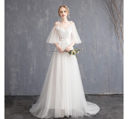 Elbow-Sleeve Cold Shoulder Plain Ruffle Mesh A-Line Wedding Gown