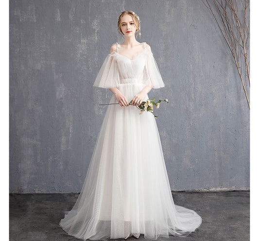 Elbow-Sleeve Cold Shoulder Plain Ruffle Mesh A-Line Wedding Gown