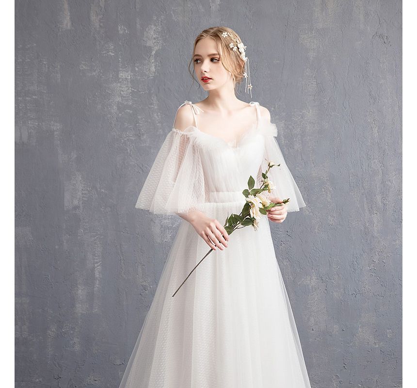 Elbow-Sleeve Cold Shoulder Plain Ruffle Mesh A-Line Wedding Gown