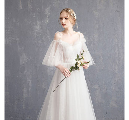 Elbow-Sleeve Cold Shoulder Plain Ruffle Mesh A-Line Wedding Gown