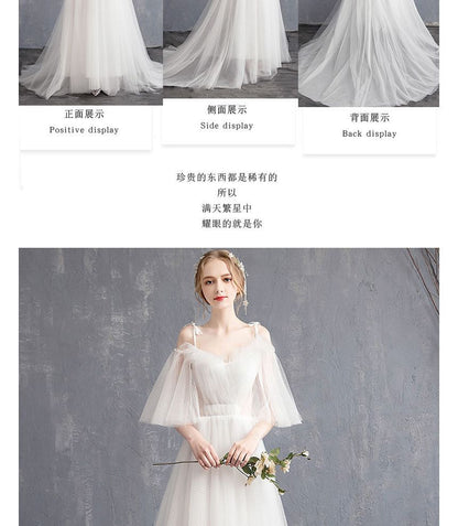 Elbow-Sleeve Cold Shoulder Plain Ruffle Mesh A-Line Wedding Gown