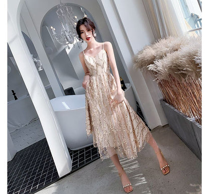 Set: Spaghetti Strap V-Neck Plain Sequin Midi A-Line Cocktail Dress + Capelet