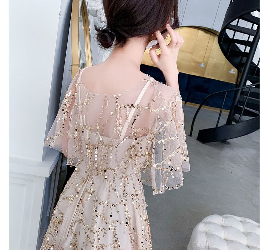 Set: Spaghetti Strap V-Neck Plain Sequin Midi A-Line Cocktail Dress + Capelet