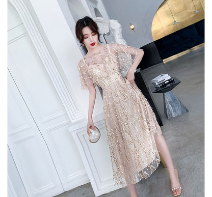 Set: Spaghetti Strap V-Neck Plain Sequin Midi A-Line Cocktail Dress + Capelet