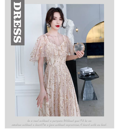 Set: Spaghetti Strap V-Neck Plain Sequin Midi A-Line Cocktail Dress + Capelet