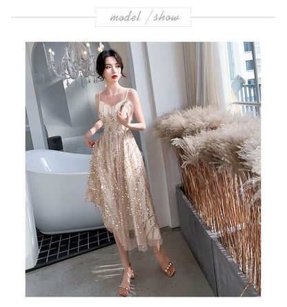 Set: Spaghetti Strap V-Neck Plain Sequin Midi A-Line Cocktail Dress + Capelet